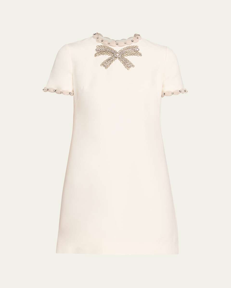 Puff-Trim Crystal Bow Mini Dress
